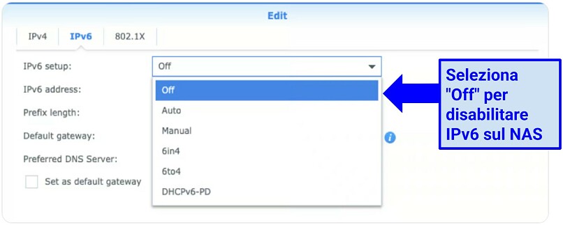 Screenshot showing how to disable IPv6 on Synology NAS