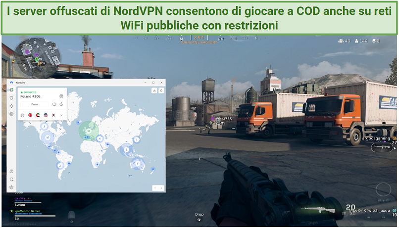Screenshot di una partita a Call of Duty con i server offuscati di NordVPN connessi