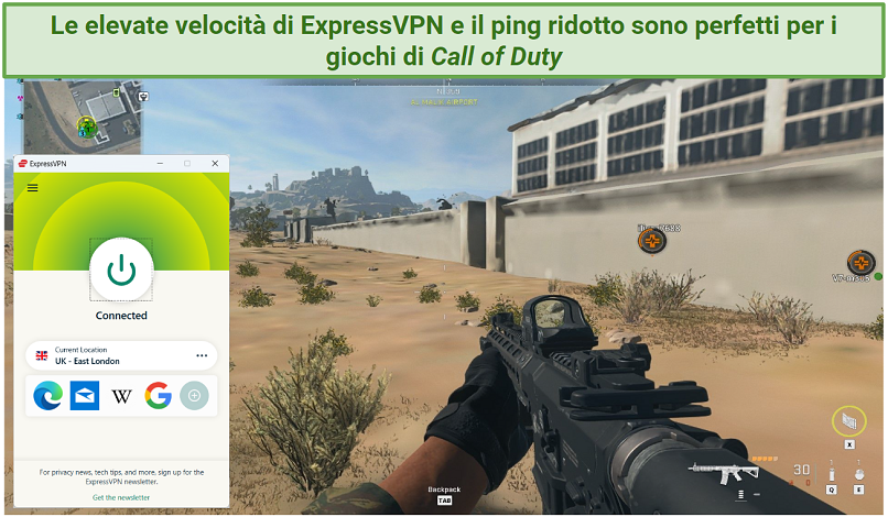 Screenshot di una gameplay di COD con ExpressVPN connessa