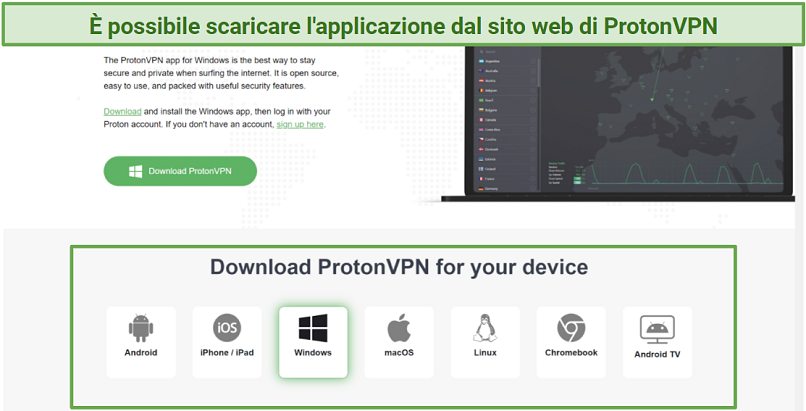 Screenshot of ProtonVPN's website showing download page 