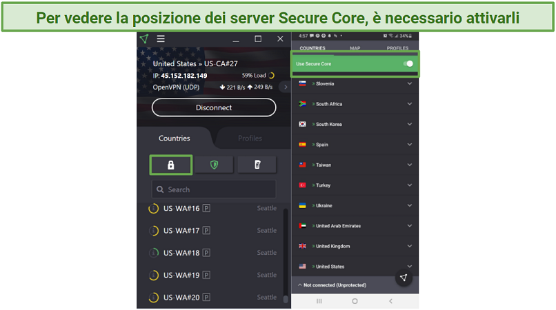 Screenshot of ProtonVPN UI on Android and Windows Desktop showing where to activate Secure Core Servers