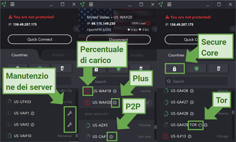 Screenshot of ProtonVPN app highlighting what the different symbols signify