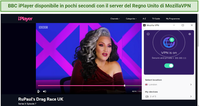 Graphic showing BBC iPlayer playing with MozillaVPN's UK server