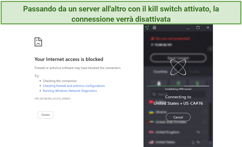 Screenshot of ipleak.net showing the kill switch blocking internet traffic while Proton VPN switched servers