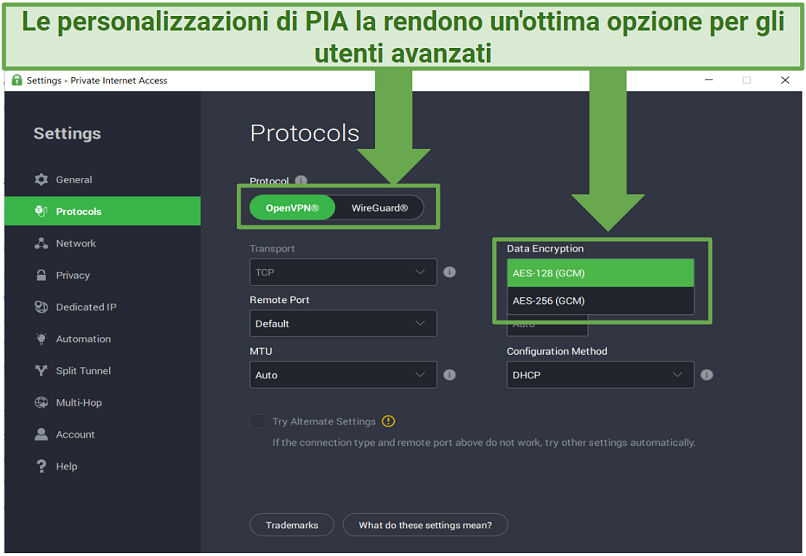 Screenshot showing PIA's customizable security settings