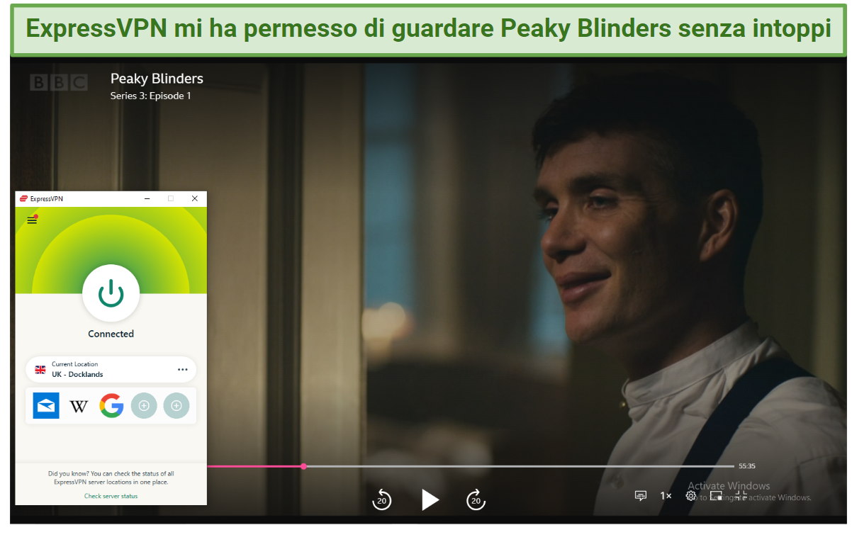 Screenshot of Peaky Blinders playing on BBC iPlayer with ExpressVPN connected to the UK-Docklands server