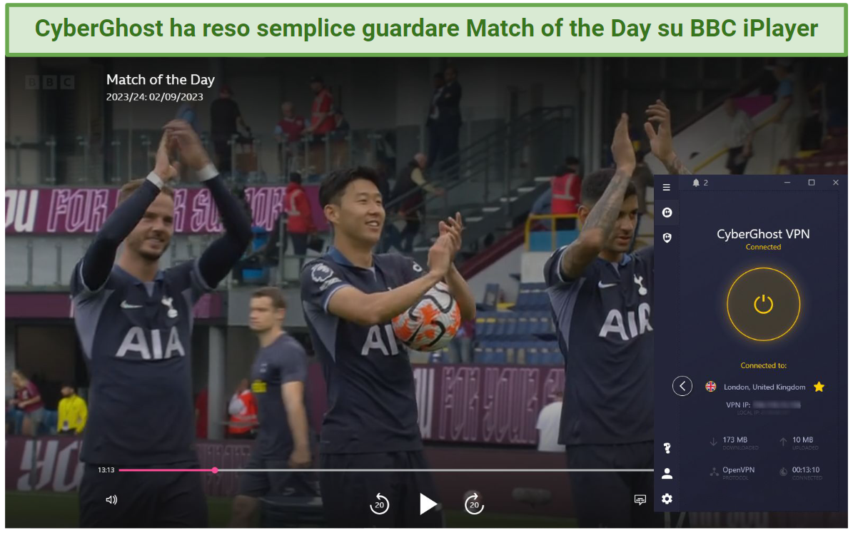 Screenshot of Match of the Day playing on BBC iPlayer with CyberGhost connected to the BBC iPlayer-optimized server