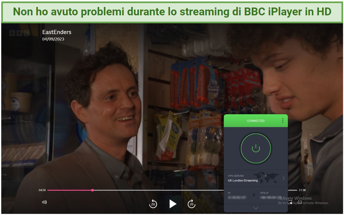 Screenshot of EastEnders streaming on BBC iPlayer with PIA connected to the UK-London streaming server