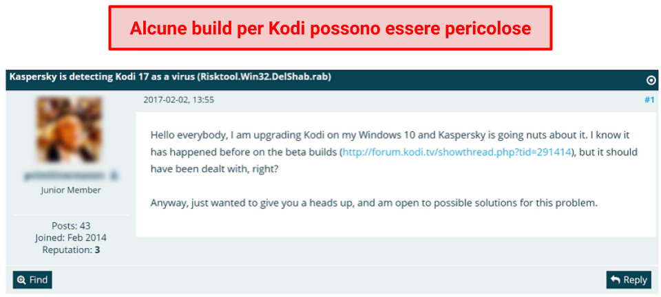 screenshot from forum describing how the user's kodi build has a virus