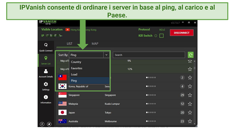 A screenshot of IPVanish's user-friendly Windows app