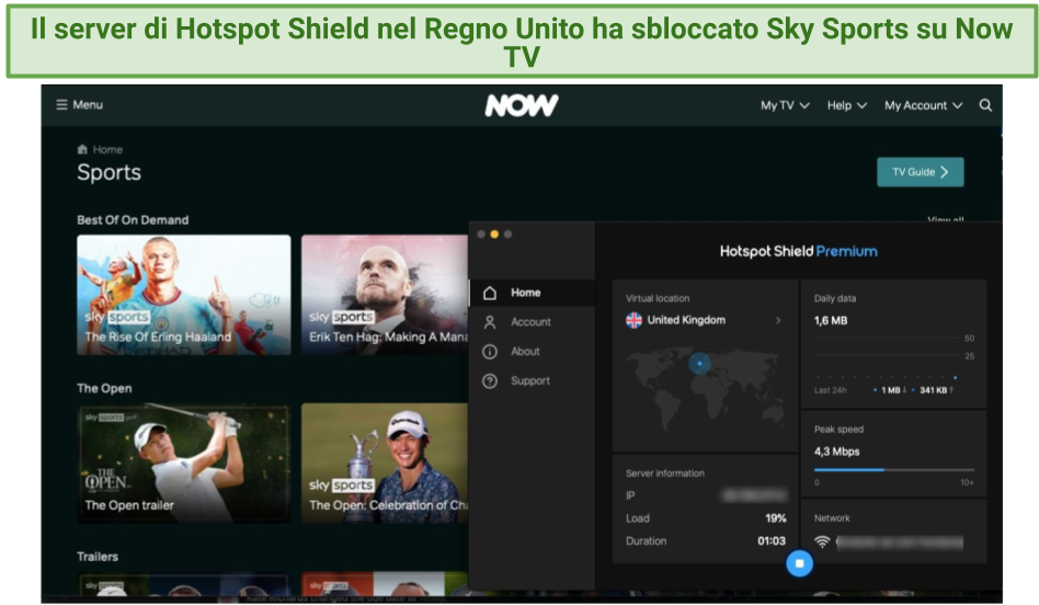 Screenshot of Hotspot Shield unblocking Sky Sports on Now TV