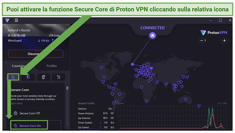 Screenshot showing how to access the secure core feature of Proton VPN