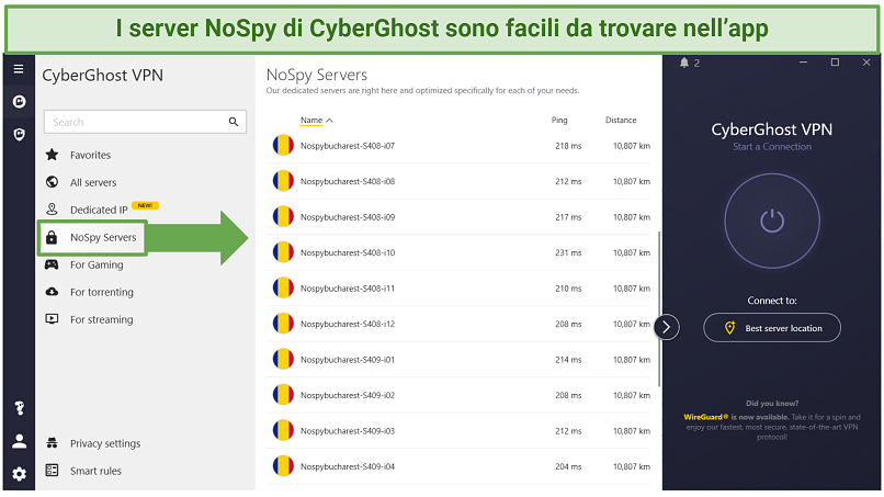 how-to-use-tor-safely-cyberghost-nospy-servers-it CyberGhost's Windows app displaying where to find its NoSpy servers