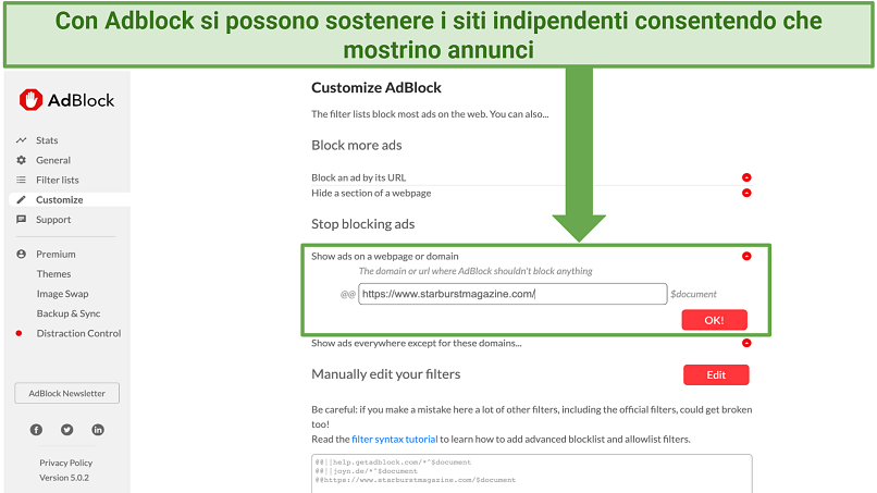 Screenshot showing how to whitelist websites in the Adblock settings panel