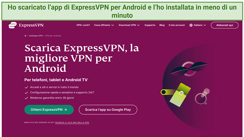 The ExpressVPN website showing how to download the app for Android