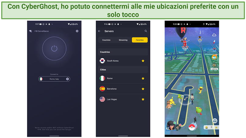 Screenshots showing an Android with the CyberGhost app and the Favorite locations screen, and playing Pokémon GO