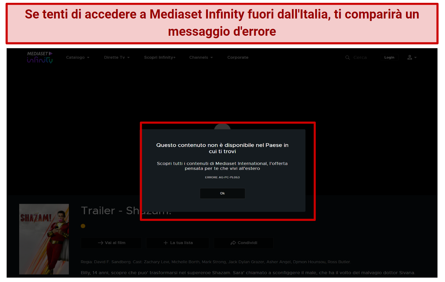 Screenshot of Mediaset Infinity error message saying that the content isn't available outside Italy