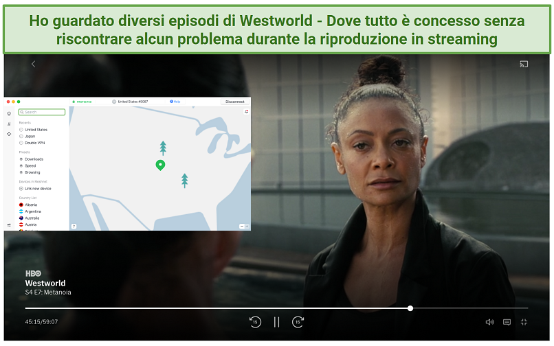 Screenshot of HBO Max player streaming Westworld while connected to NordVPN
