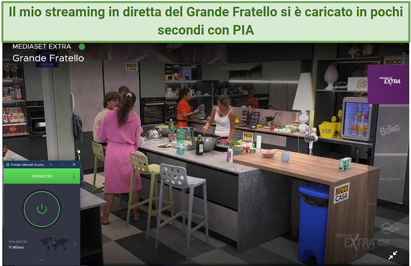 Screenshot of an episode of Grande Fratello streaming live on Mediaset Infinity while PIA is connected to a server in Milan, Italy