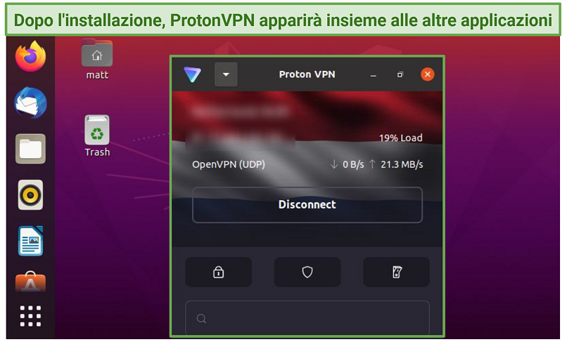 Screenshot of Proton VPN connected to a free server on Linux