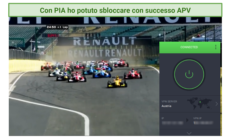 A screenshot showing F1 streaming while connected to PIA's Austrial servers