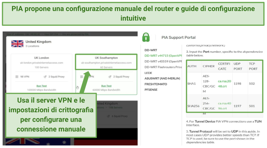 A screenshot of PIA's web page with the VPN servers and configuration guides