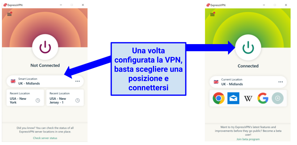 Screenshot of connecting to Smart Location server with ExpressVPN