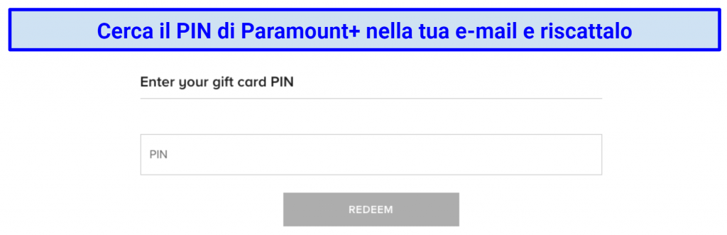 a screenshot of Paramount+ gift card PIN redeem page