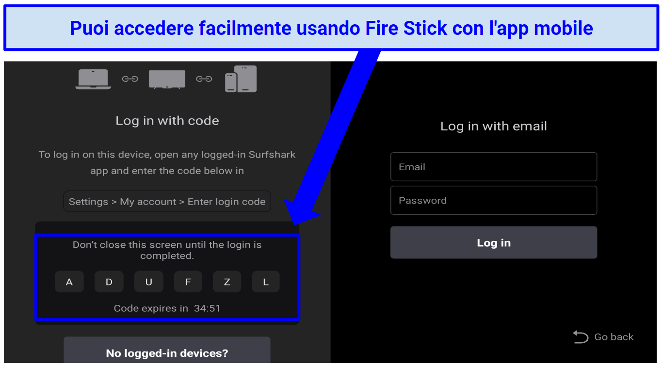 Screenshot of the Surfshark code for login on Fire TV Stick