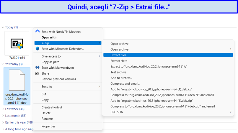 A screenshot showing the process of extracting files from the Kodi DEB file using 7-Zip