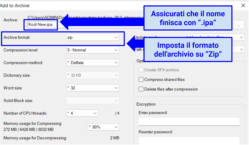 A screenshot showing how to designate a filename for the IPA in 7-Zip and the archive format to select before transitioning from a Kodi DEB file to an IPA file