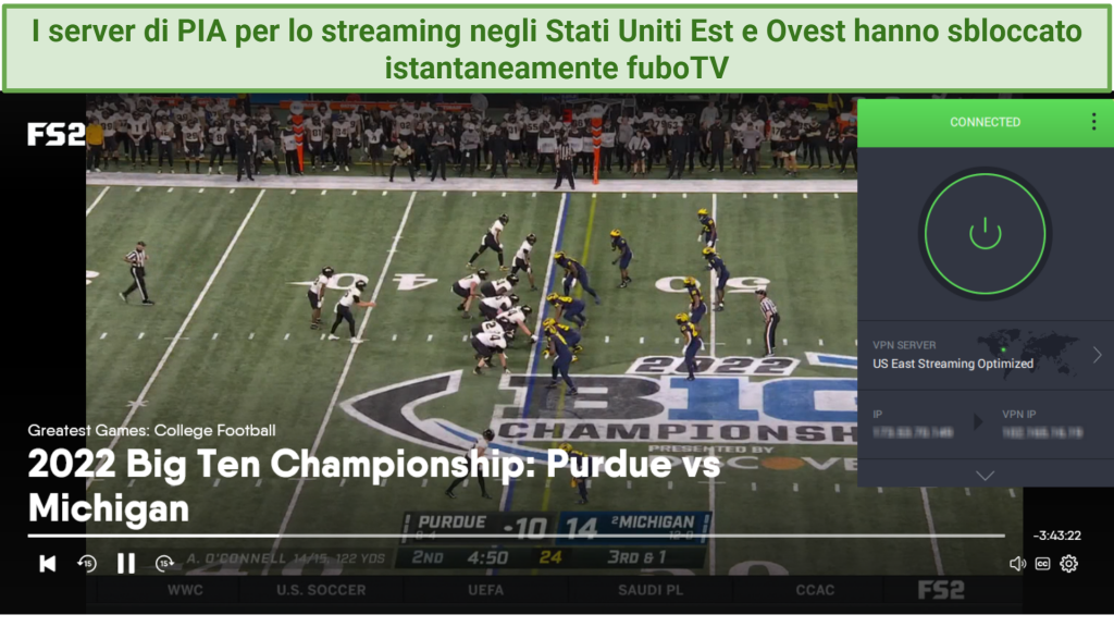 Screenshot of a rerun of a Purdue vs Michigan game playing on FS2 while PIA is connected to the US East streaming server