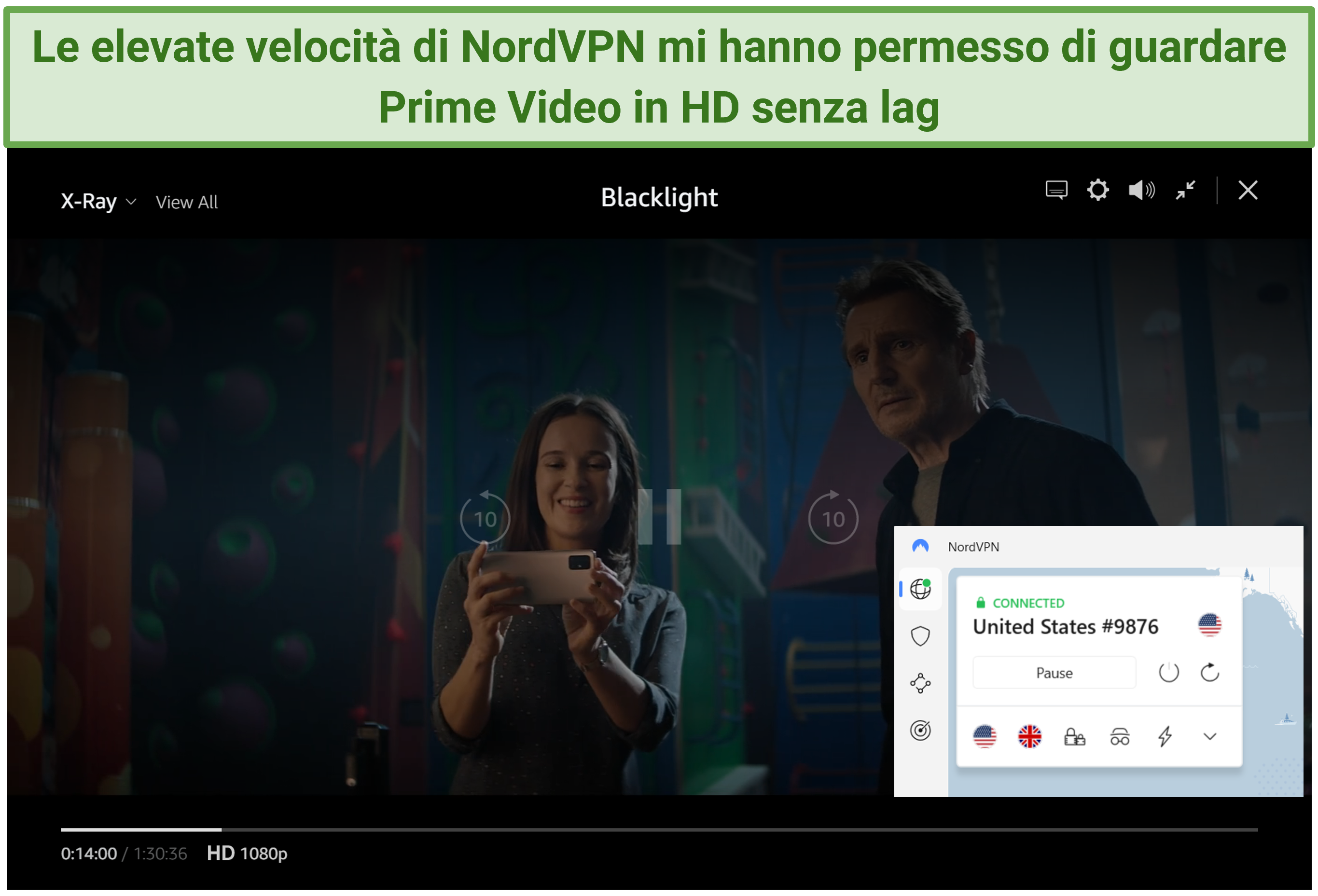 Screenshot che mostra lo streaming di Blacklight su Prime Video con NordVPN connesso