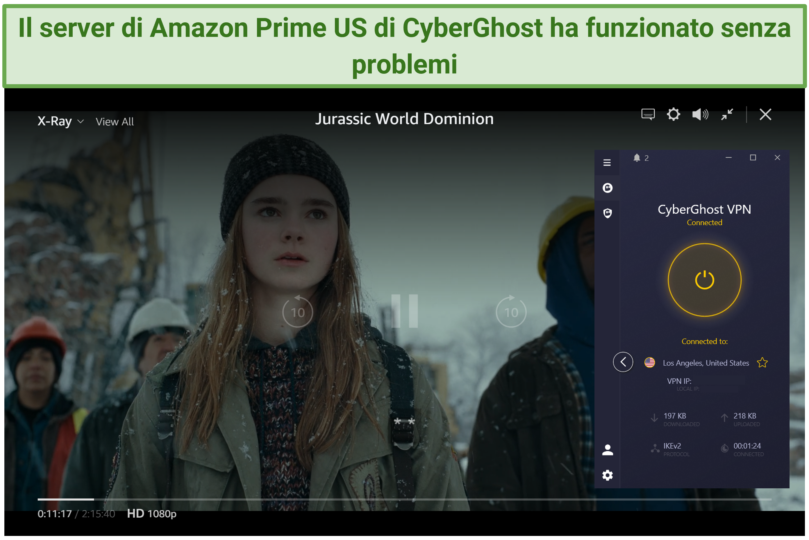 Screenshot di Jurassic World Dominion in streaming su Prime Video US con CyberGhost connesso