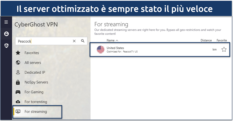 A screenshot of CyberGhost's app showing the optimized server for Peacock TV