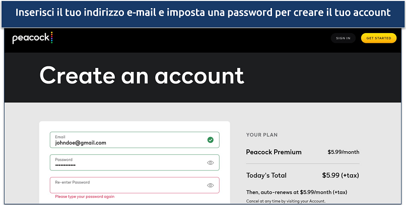 Screenshot of Peacock TV web page showing the create an account page