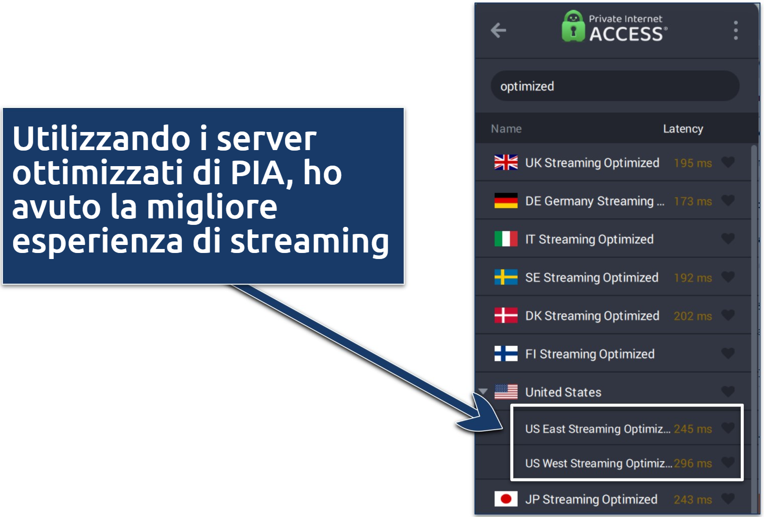 Screenshots of PIA server list showing the servers optimized for streaming