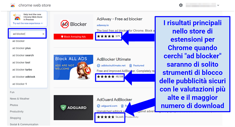 Screenshot showing how to look for a trustworthy ad blocker in Chrome store
