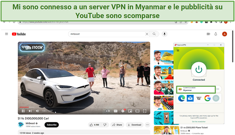 an image displaying how connecting to a VPN server in Myanmar lets you watch YouTube without ads