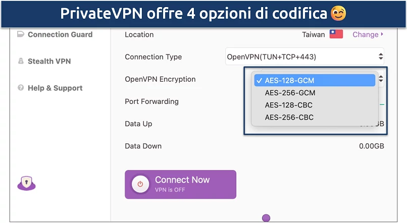 Screenshot delle impostazioni di sicurezza personalizzabili di PrivateVPN