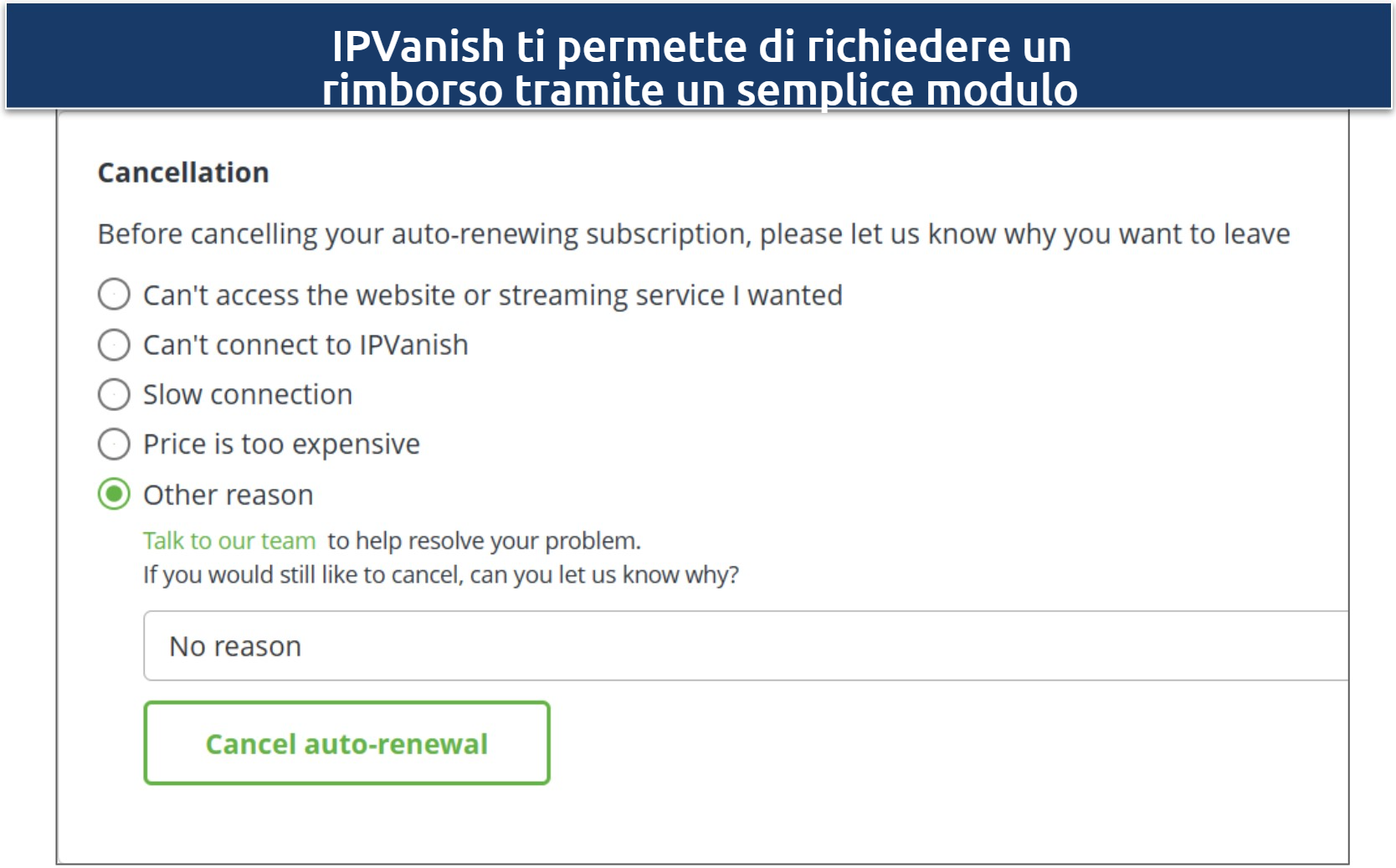 Initiating a refund through the account settings on IPVanish's website