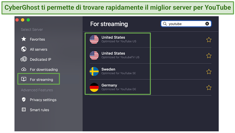 A screenshot of CyberGhost optimized servers for streaming