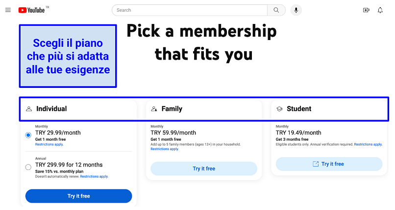 A screenshot of the YouTube Premium available plans