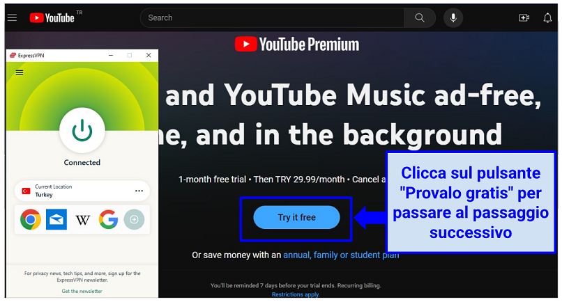 A screenshot of the YouTube Premium Turkey homepage