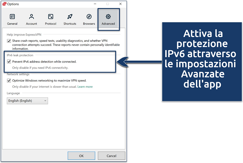Screenshot showing how to activate ExpressVPN's IPv6 leak protection