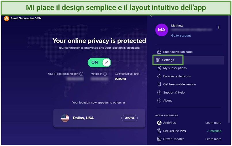 Screenshot of Avast Secureline's Windows app highlighting where to find the settings menu