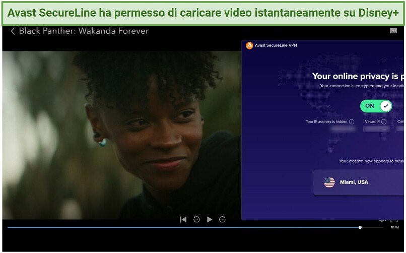 Screenshot of Disney+ player streaming Wakanda Forever while connected to Avast Secureline VPN