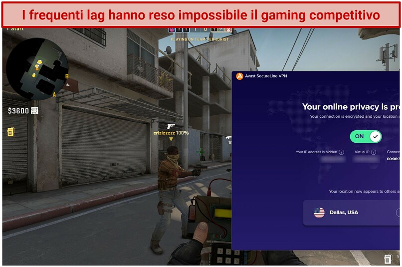 Screenshot of Counter Strike: Global Offensive being played while connected to Avast Secureline VPN
