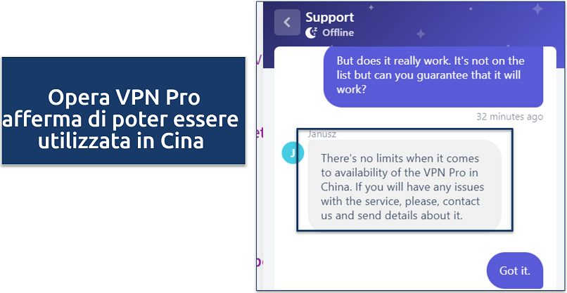 Screenshot of chat response where Opera VPN agent claims it can be used in China