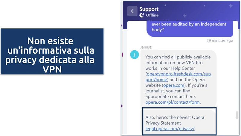 Screenshot of a chat response from Opera VPN Pro support
